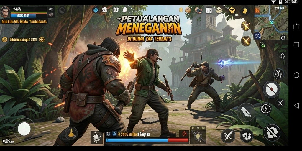Screenshot utama <strong>34R</strong> menampilkan aksi seru dalam petualangan.
